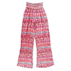 Aqua Smocked Palazzo Wide Leg Pants, Boho Festival Pants Hippie Womens XS Pink